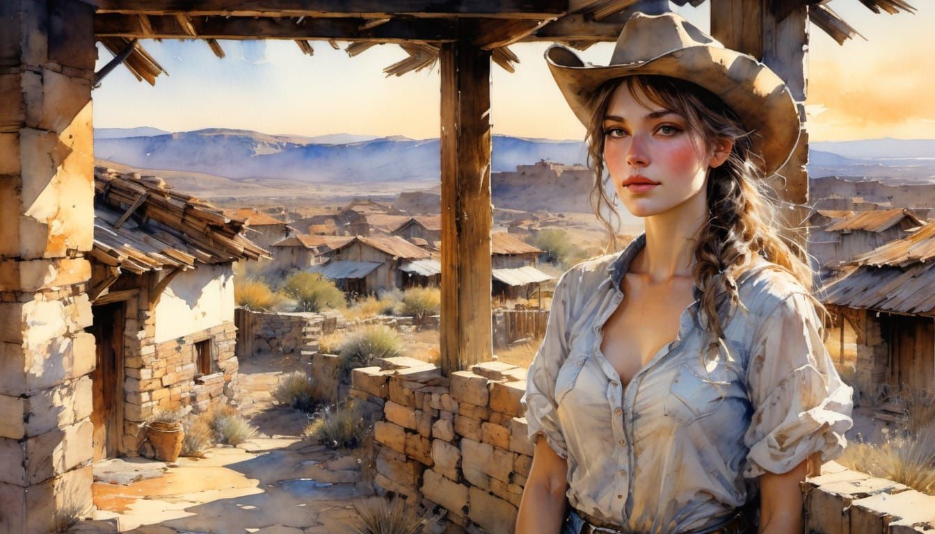 Cowgirl in Whimsical Western Town Watercolor