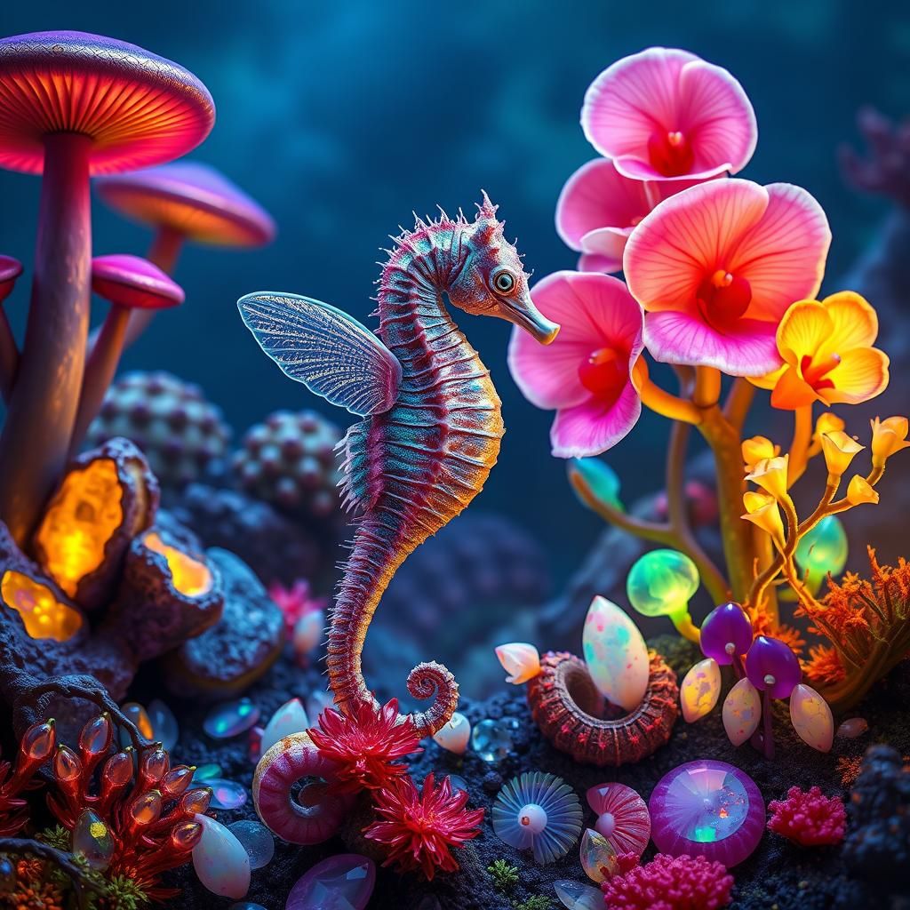 Whimsical Seahorse Soars Through Dreamlike Galaxy