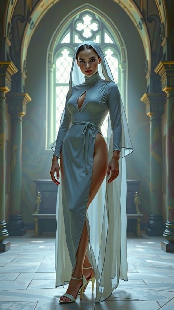 Ethereal Nun Portrait in Daring Oil on Canvas