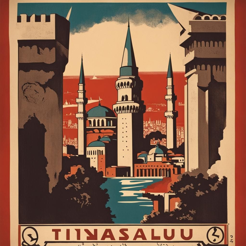 Turkish Brutalist Architectural Landmarks Poster in 1920s St...