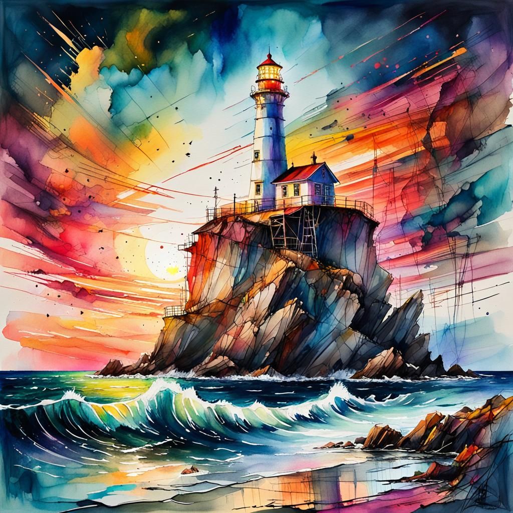 Vibrant Neon Lighthouse Sunset