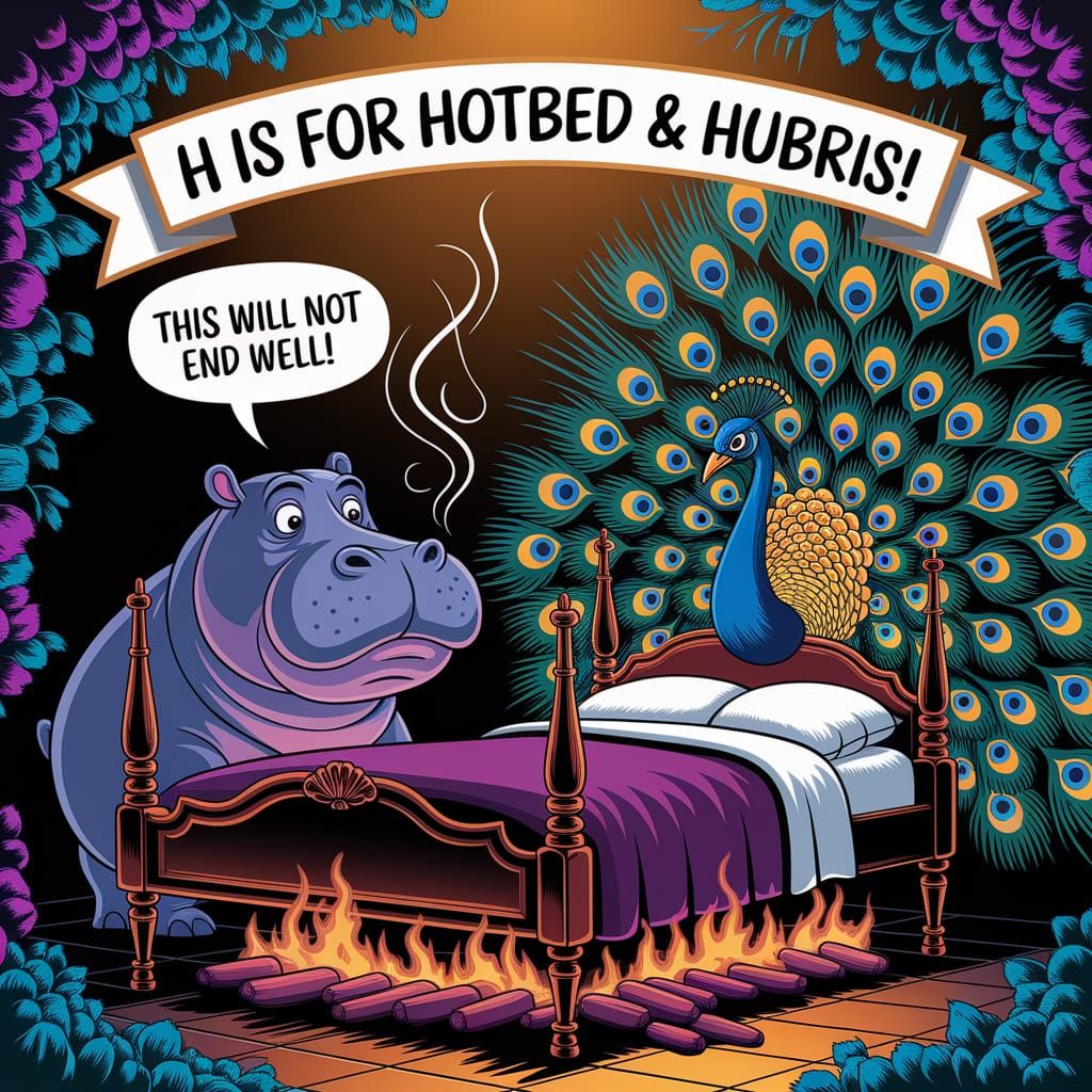 Worried Hippo, Peacock and Hot Coals in Digital Art