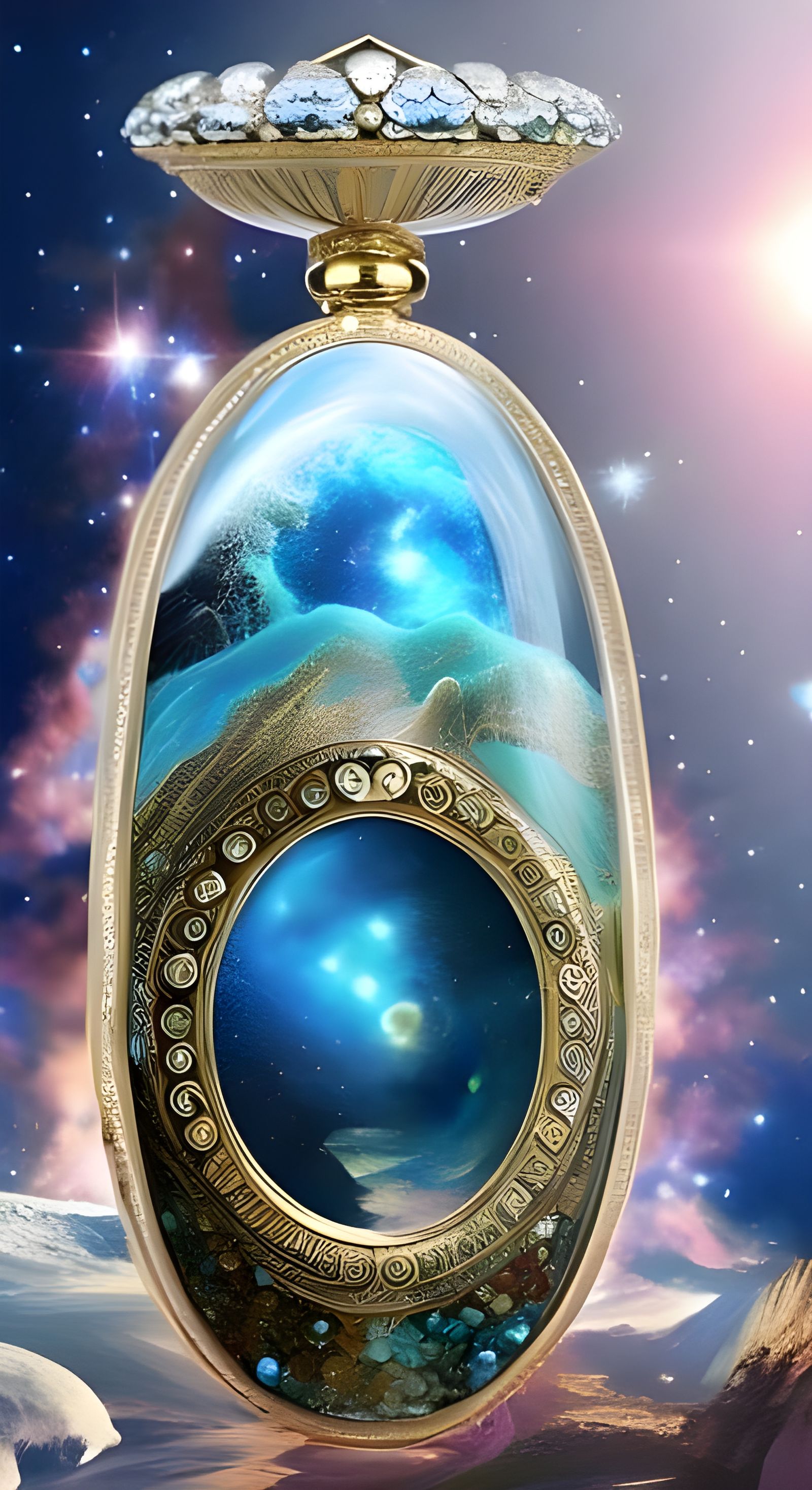 Universe Inside Crystal Clear Bottle in a Stormy Masterpiece