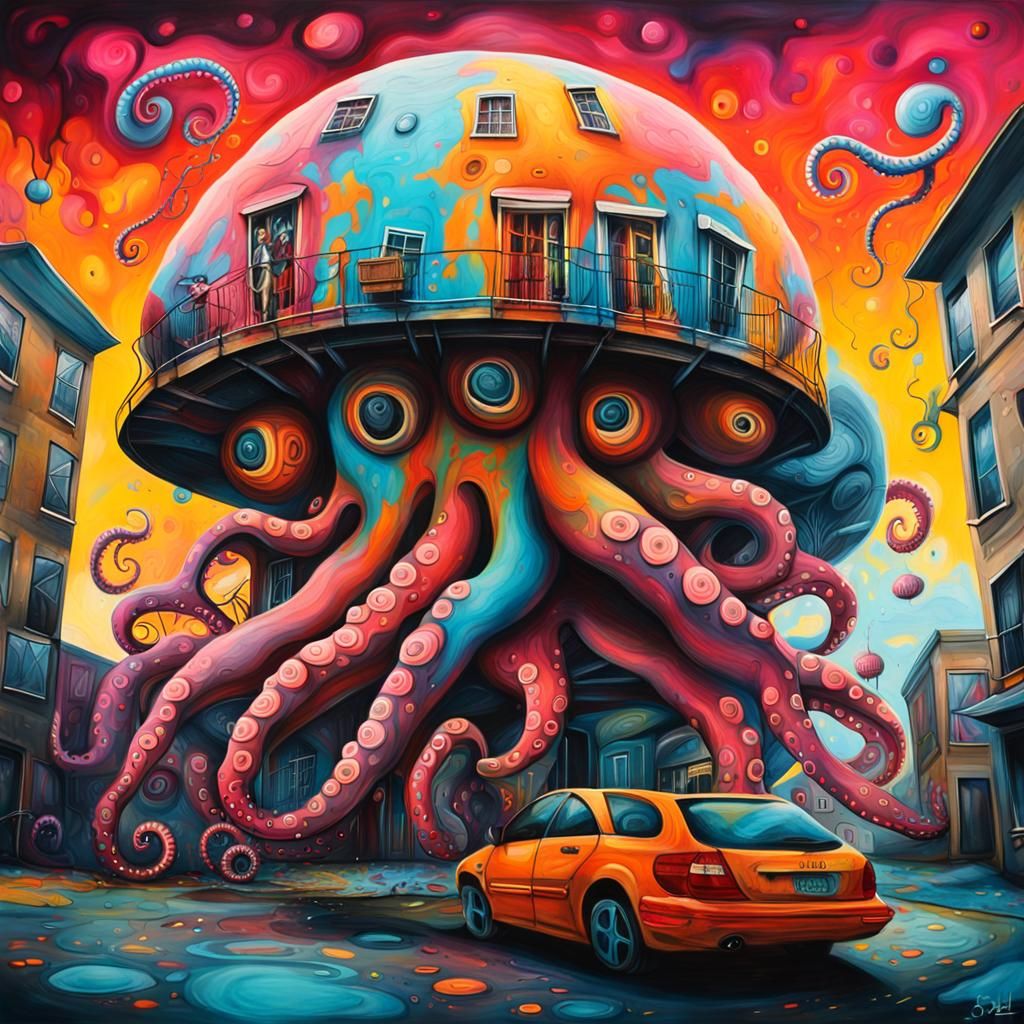 Vibrant Octopus Habitat Soars in Round Space, Graffiti Art
