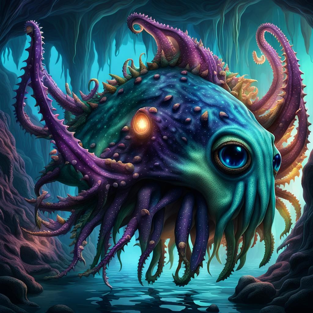 Fantasy Squid Mutant Emerges from Mystic Underwater Cave