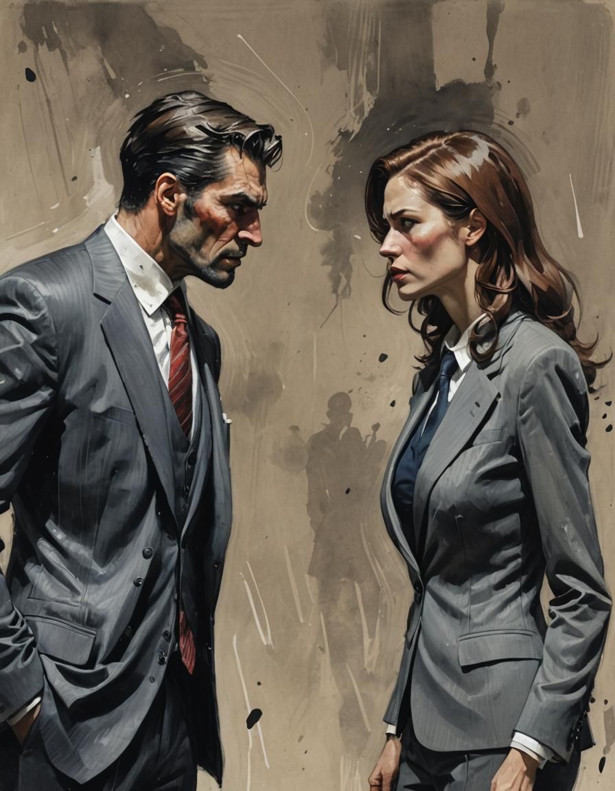 Tense Corporate Confrontation in Dark, Sinister Style