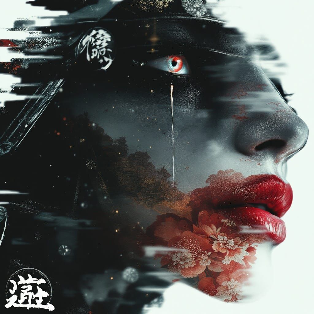 Red eye piercing gloom -- Ink-drenched petals softly bloom -...