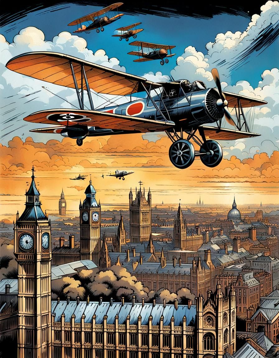 Fokker D.VIII Soars Over London in Smooth Comic Book Art