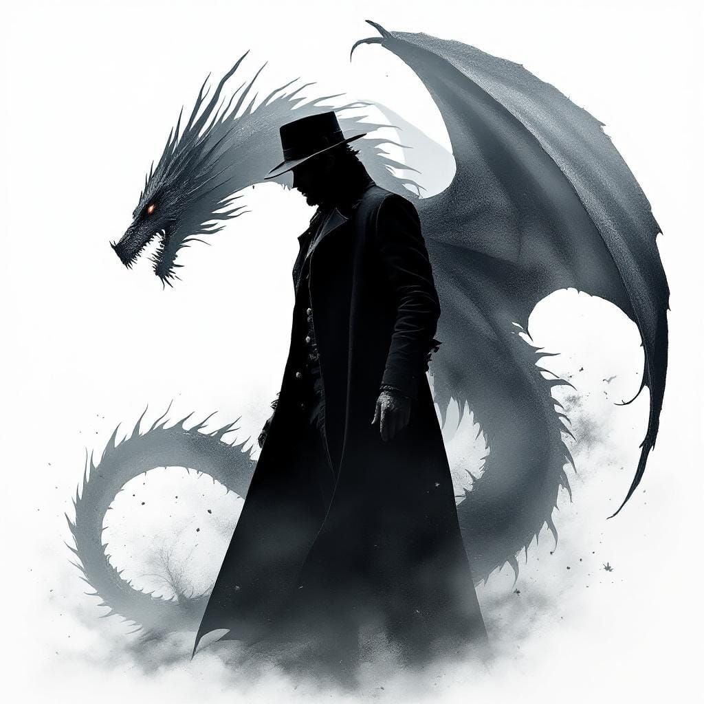 Silhouette of Man and Dragon in Double Exposure