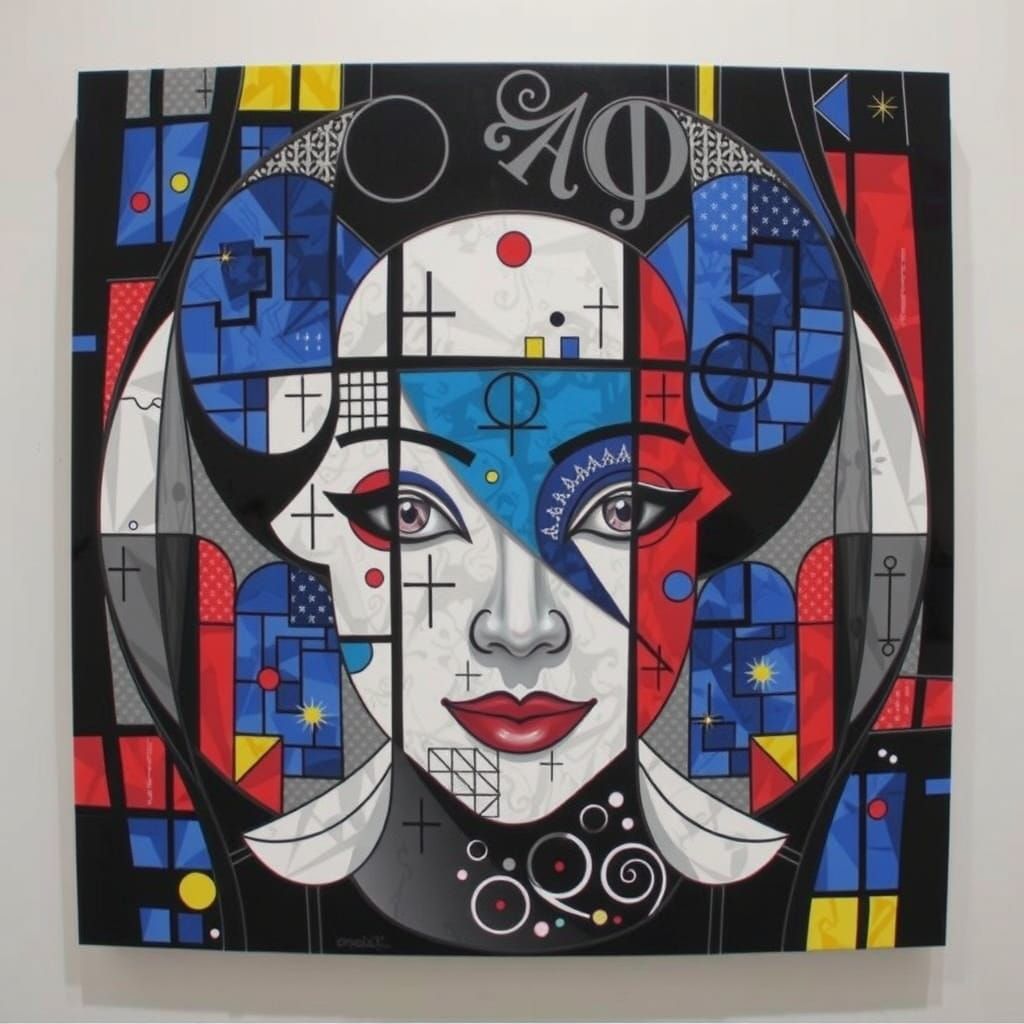 Surreal Cubist Portrait of a Geisha in Vibrant Stained Glass