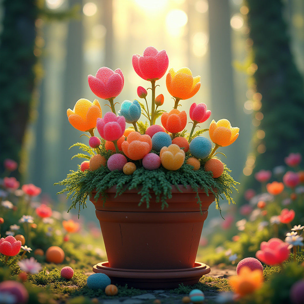 Gummy Candy Flowers Bloom in a Vibrant, Whimsical Forest