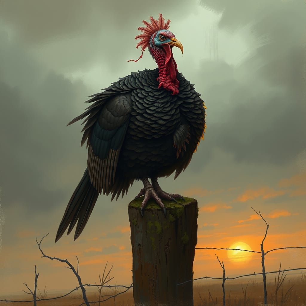 Gritty Turkey Gobbler Amidst Desolate Landscape