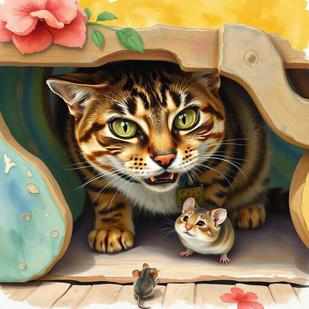 Tabby Cat and Mouse in Watercolour Style