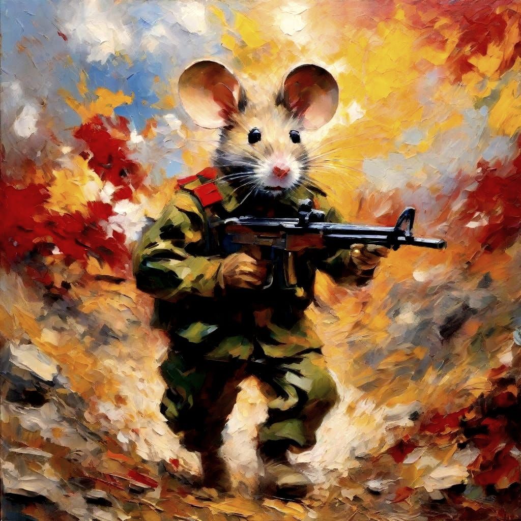 Cartoon Mouse Charging Across a War-Torn Landscape
