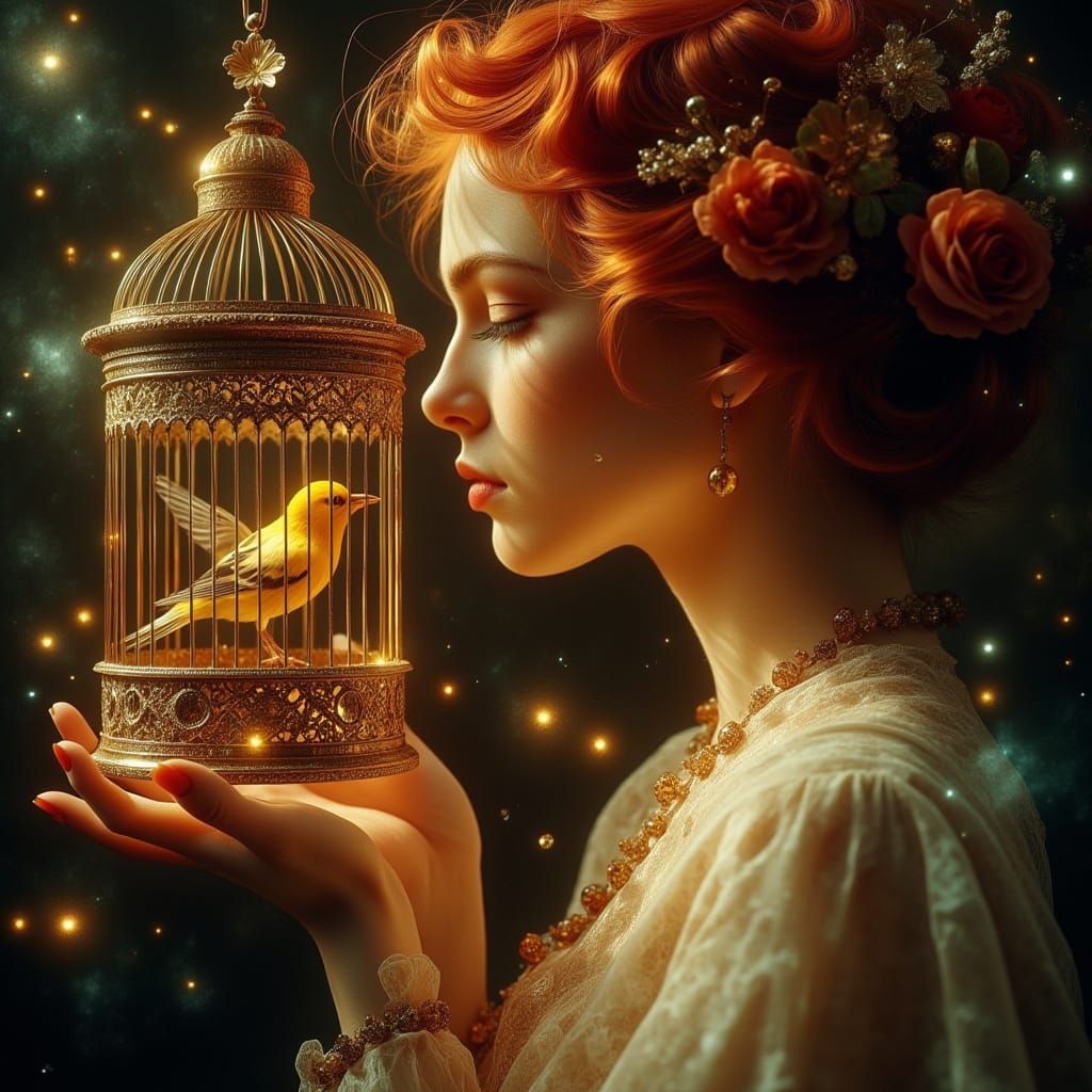 Vintage Woman Holds Antique Birdcage with Singing Canary