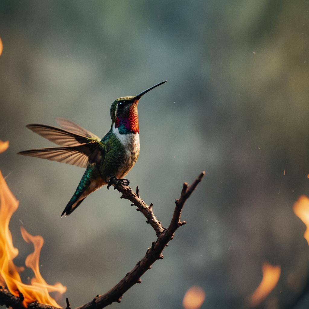 Hummingbird in Blazing Inferno, Shot in Cinematic Style