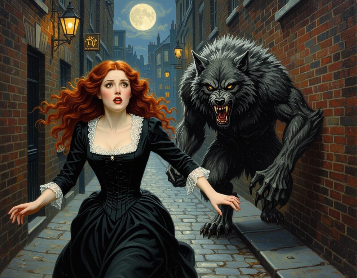 Victorian Woman Fleeing Werewolf in Dark Alley