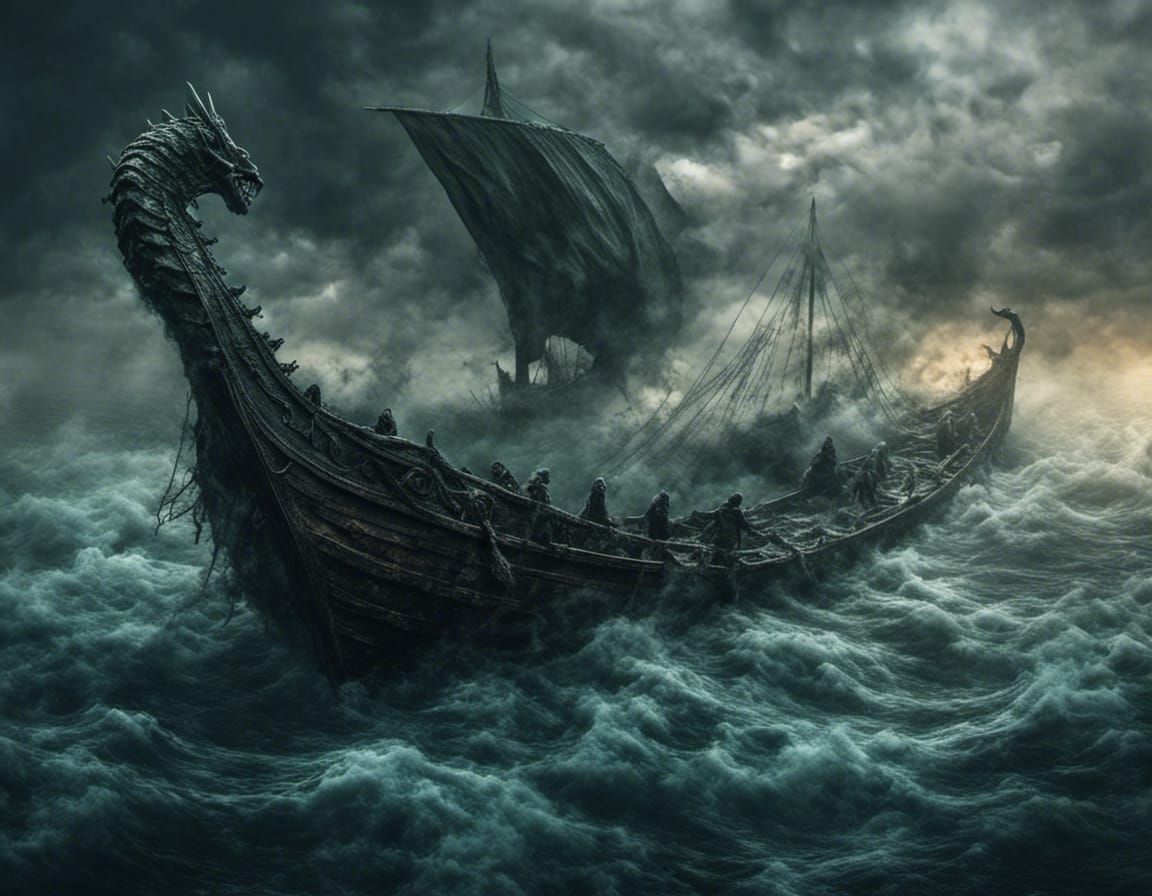Viking Longboat Plunged into Stormy Sea by Majestic Sea Serp...
