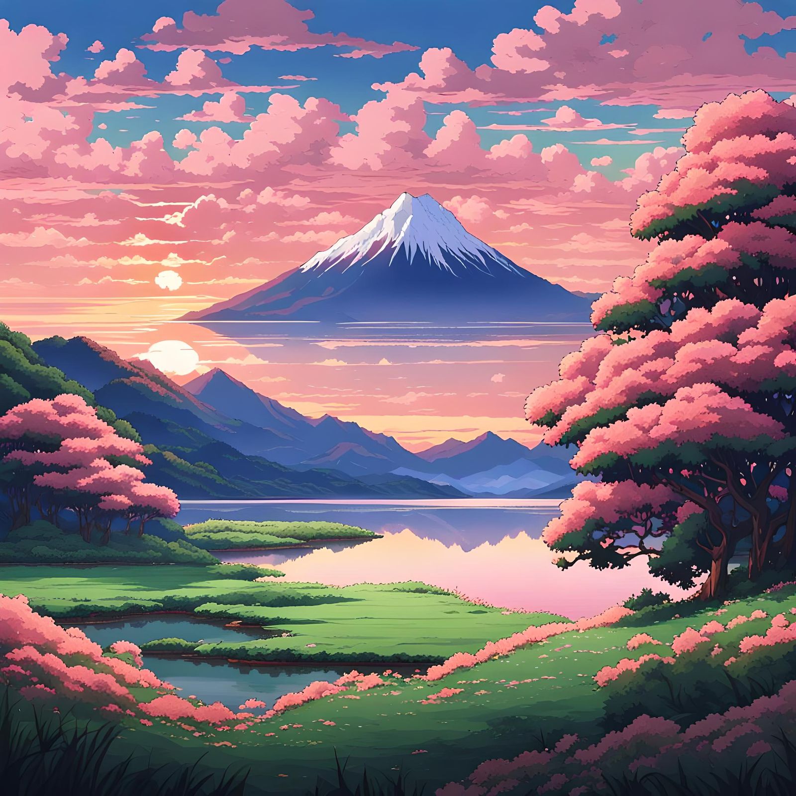 Pixel Art Landscape with Sunset and Mountain Range in Distan...