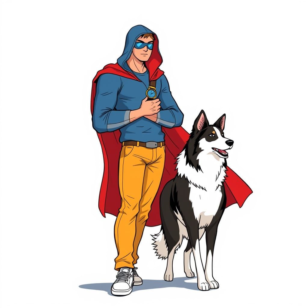 Superhero with Border Collie in Comic Book Style
