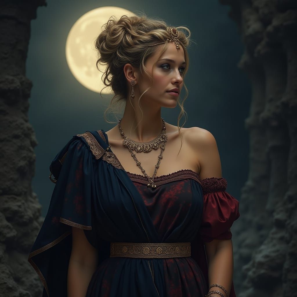 Etruscan Goddess Catha Under Full Moon