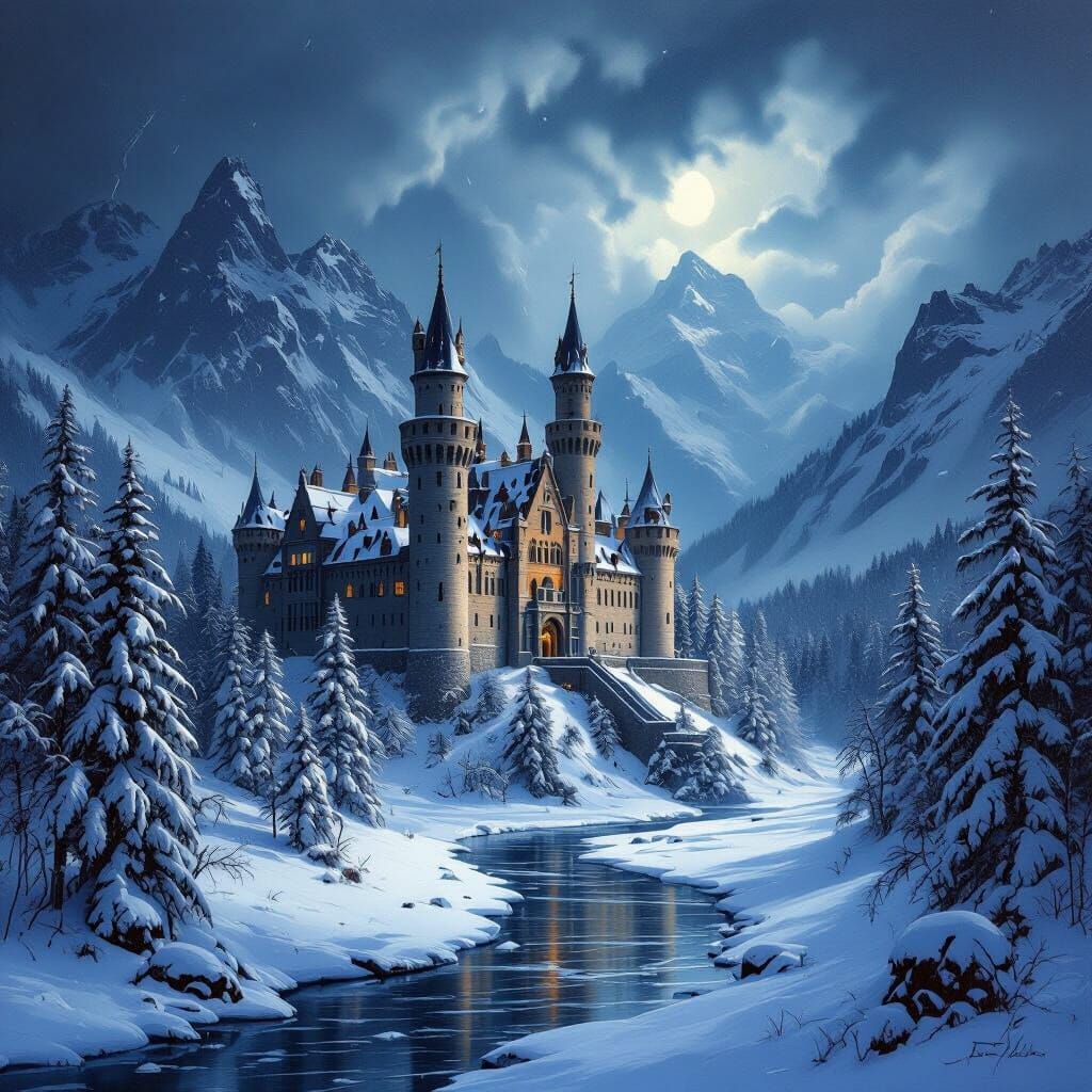 Majestic Castle in Winter Storm Oil Painting