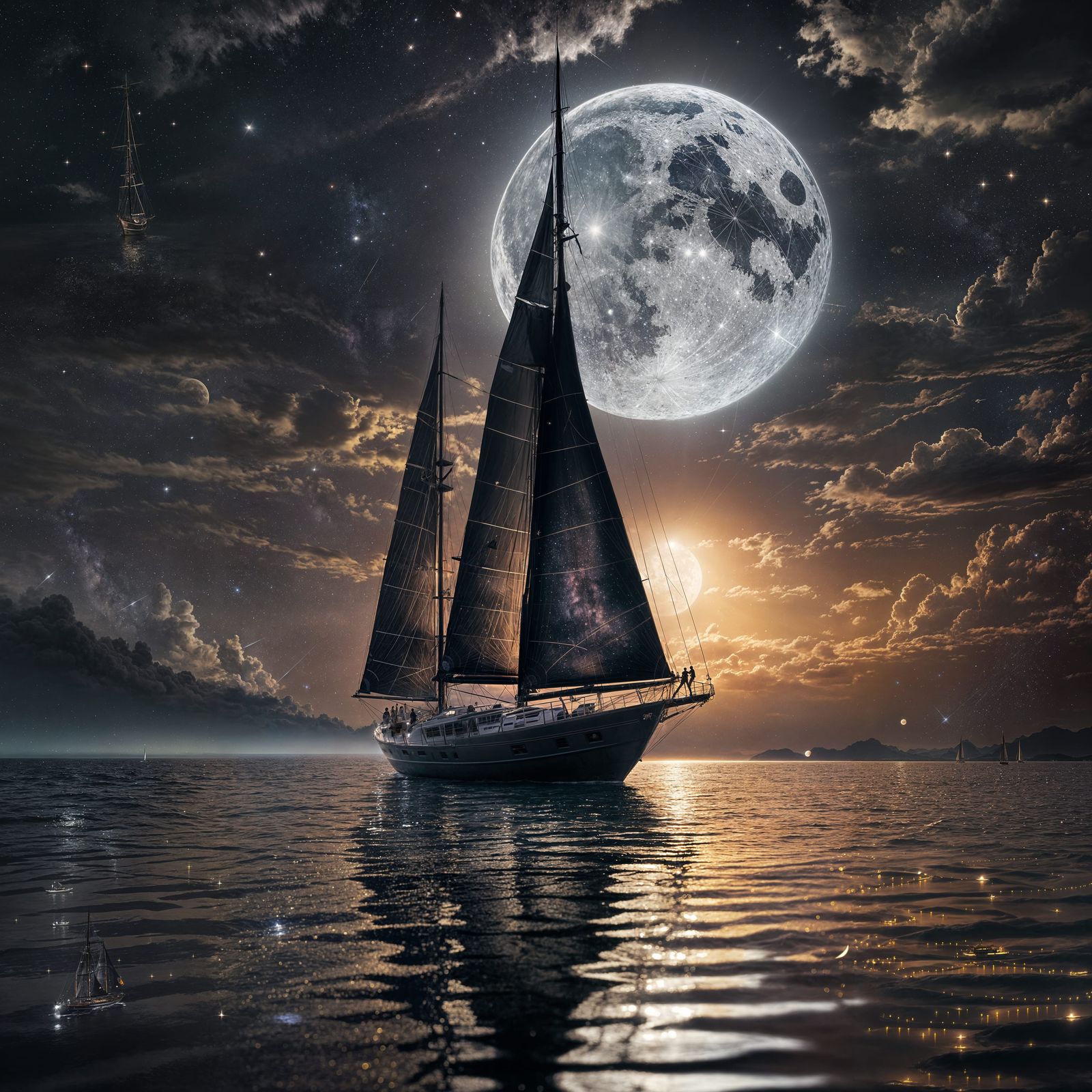 Golden Sailboat Under a Sparkling Night Sky