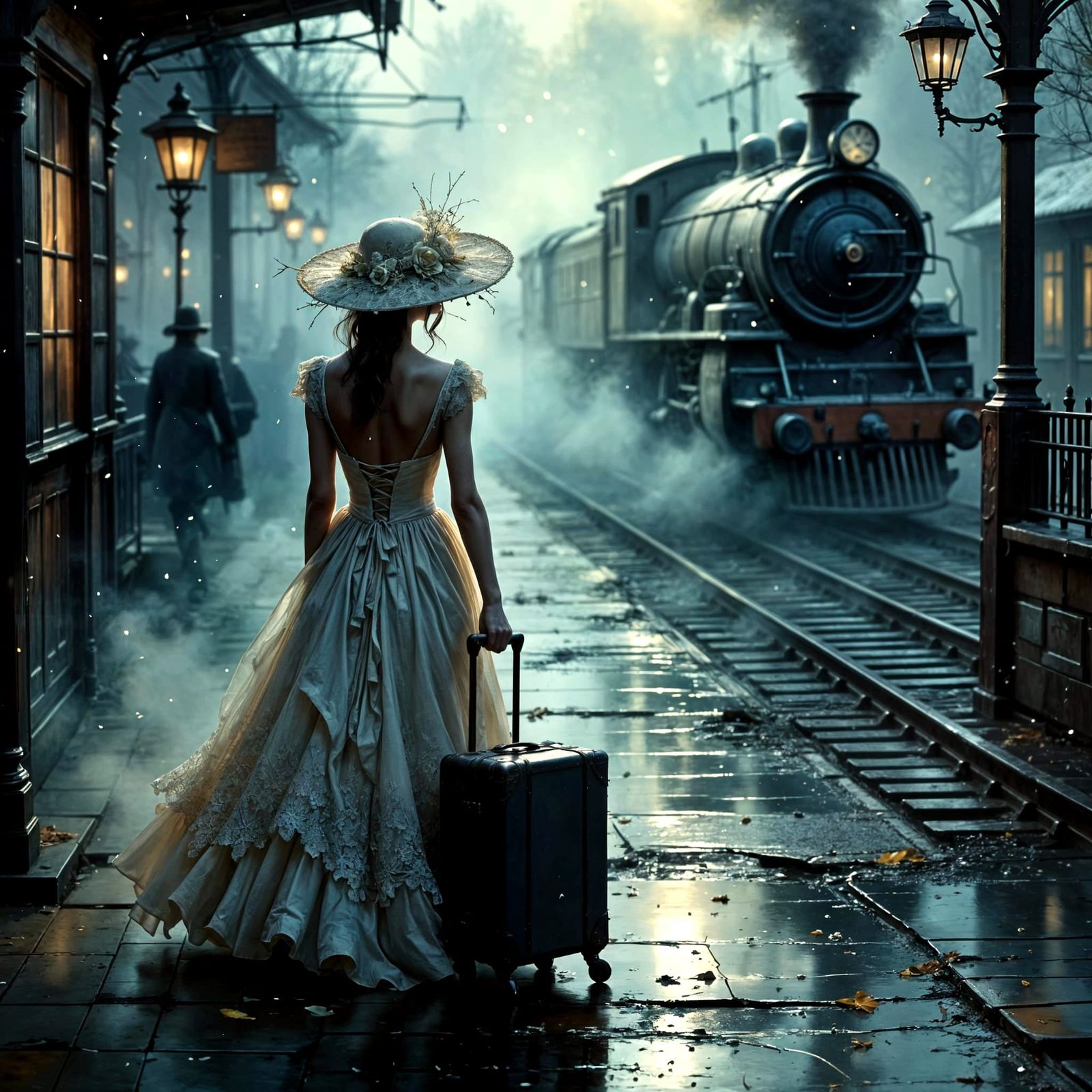 Solitary Woman Awaiting Train on Snowy Platform