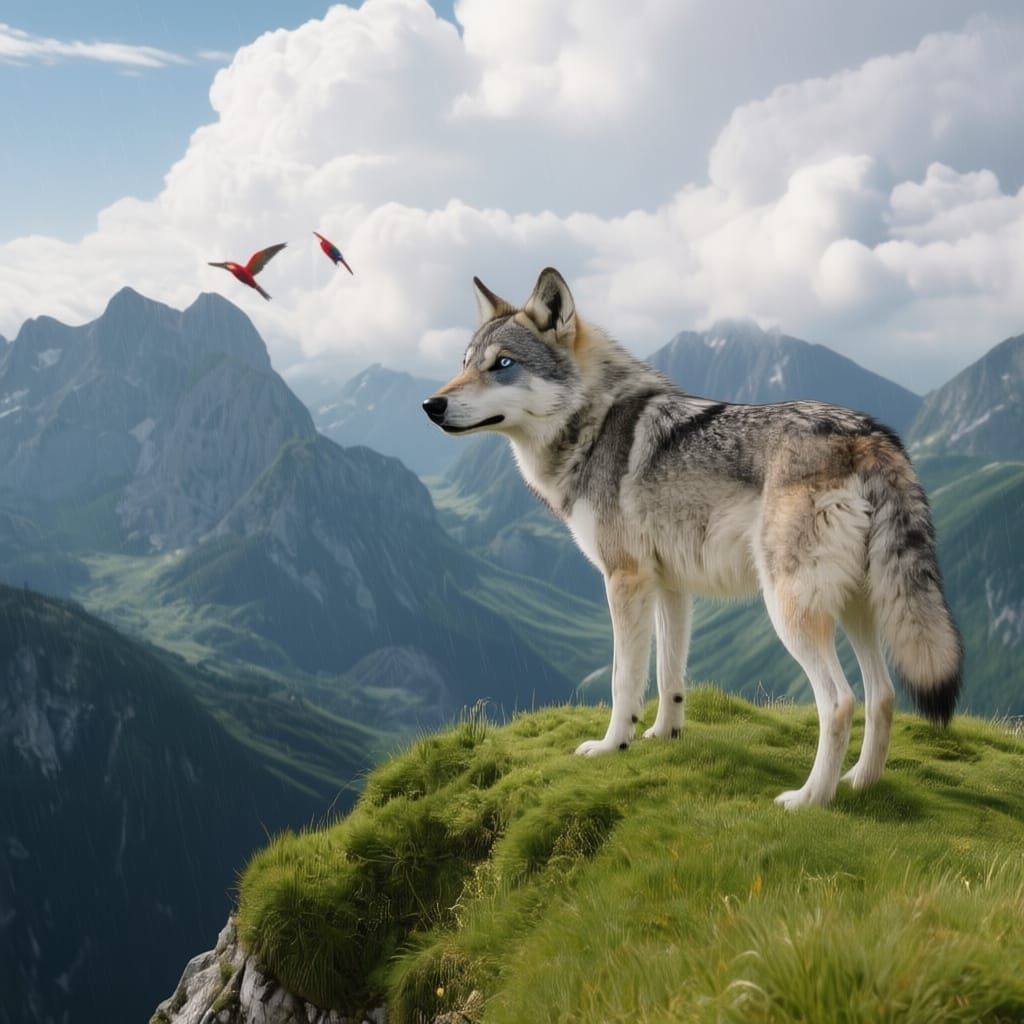 Wolf on Mountain Peak Under Cumulonimbus Clouds