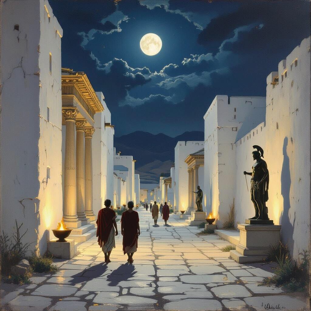 Moonlit Hellenistic Street Scene with Aristocrats