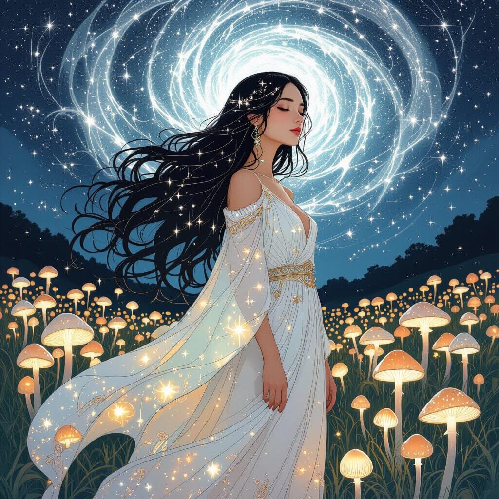 Celestial Woman with Starlight Hair in Bioluminescent Field