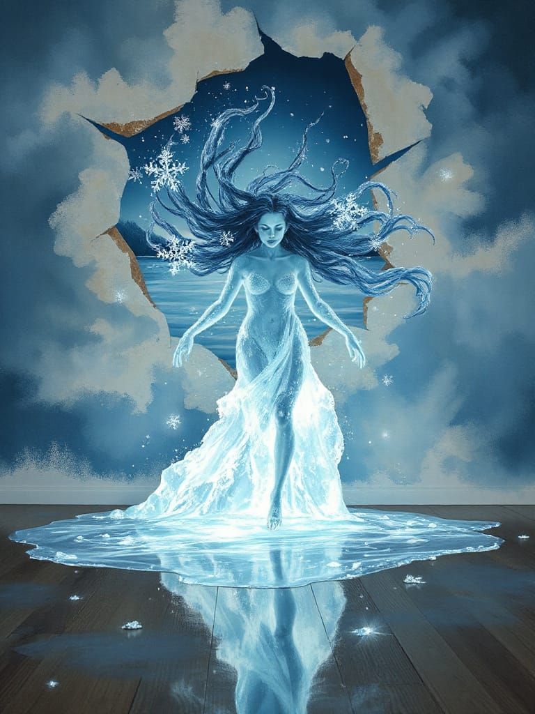 Ethereal Rusalki Spirit Emerges from Torn Winter Wall Art