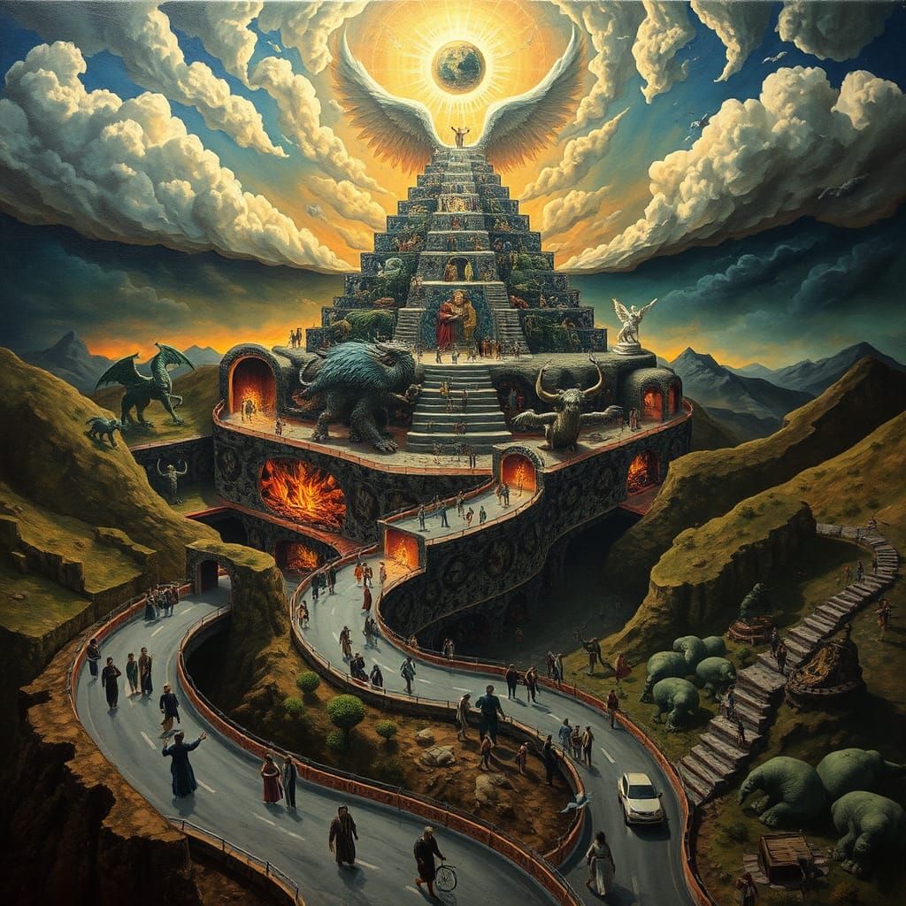 Surreal Existential Landscape with Multi-Layered Realms