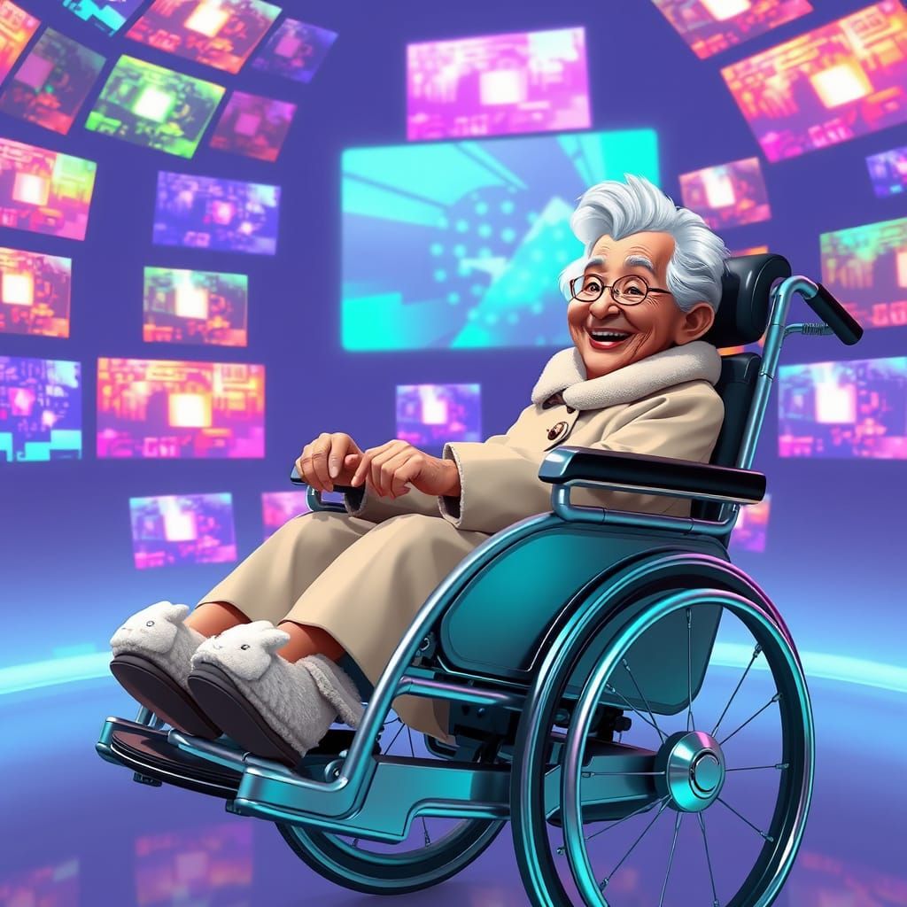 Futuristic Lady Basks in Holographic Entertainment