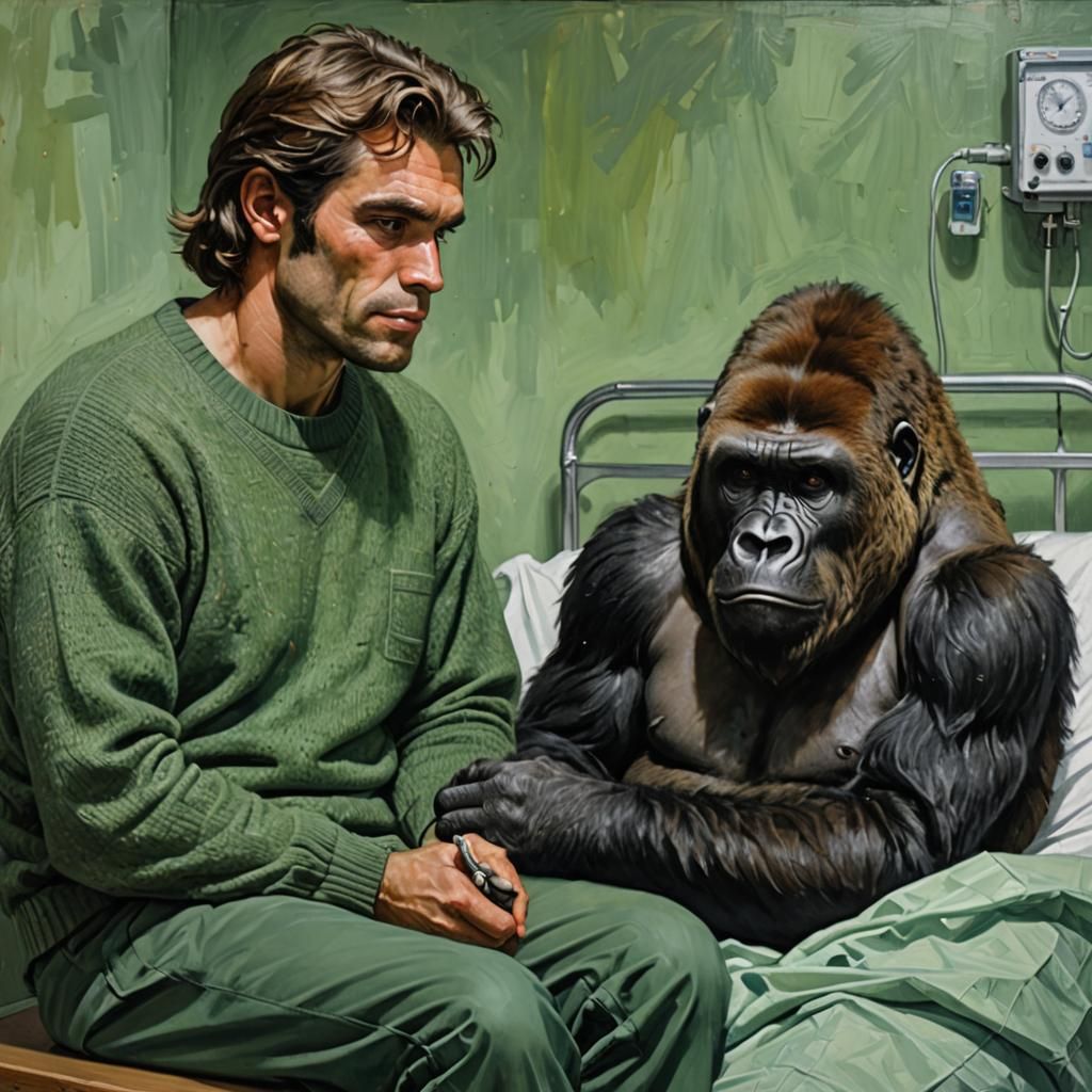 Gorilla Recovers in Hospital, A Heartwarming Oil Painting