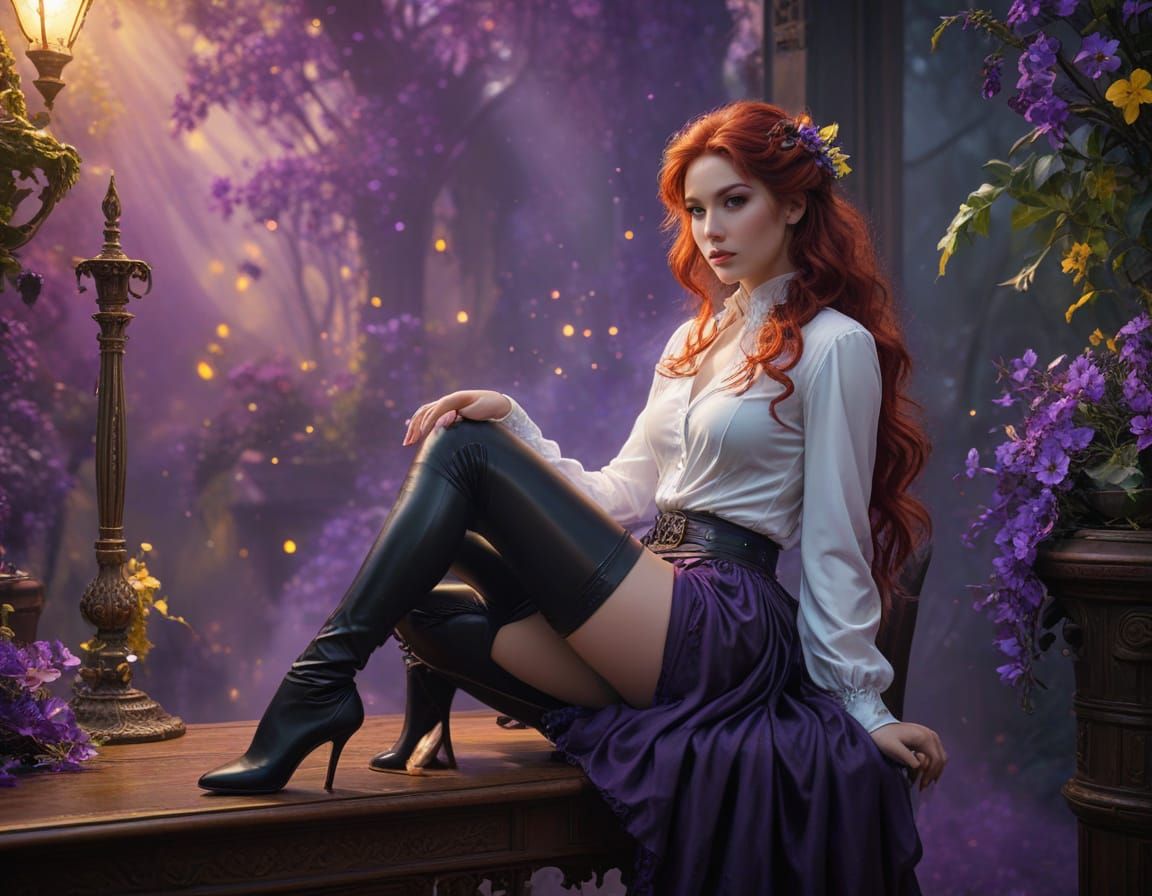 A woman with very long red hair is wearing a white latex but...