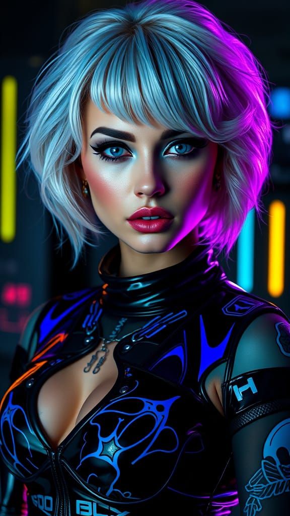 Glowing Cyberpunk Goddess in High-Contrast Futuristic Attire