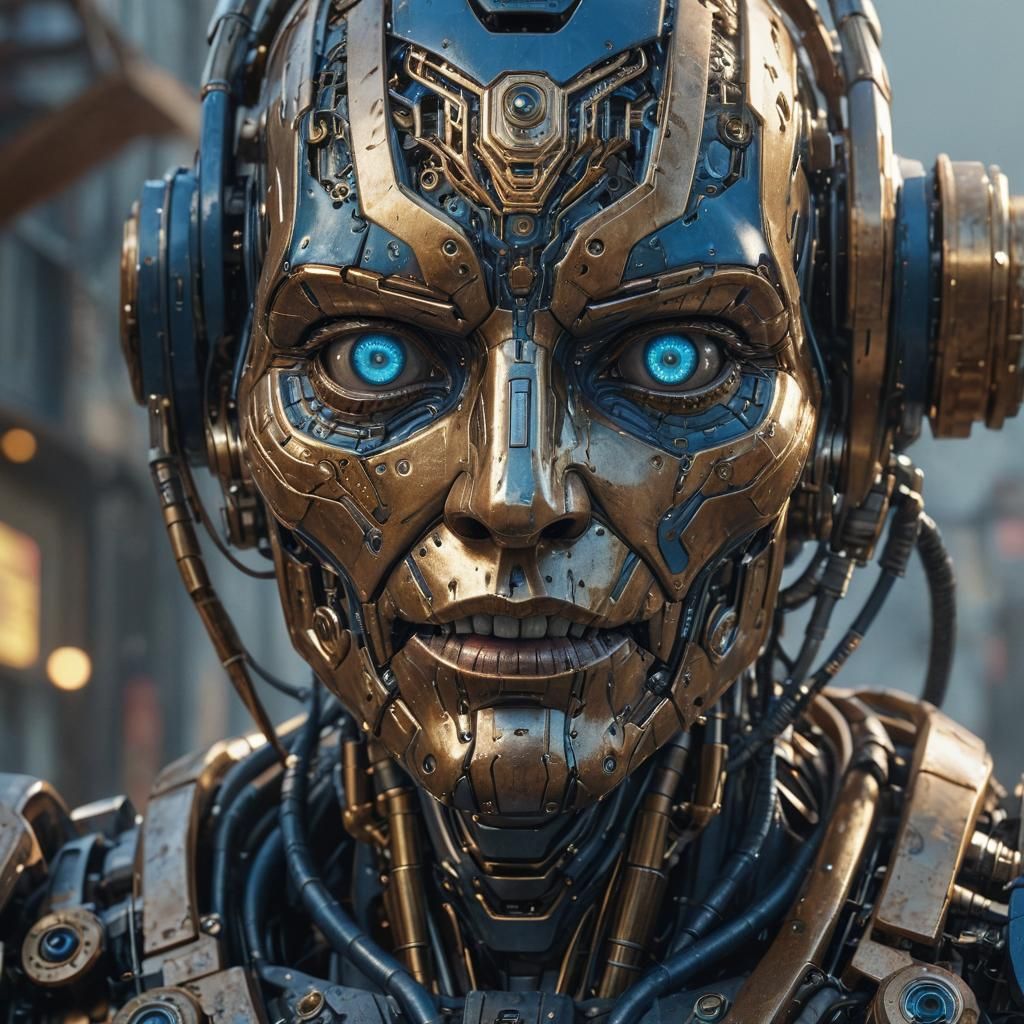 Giant Robot's Warm Smile Confronts Cowering Human