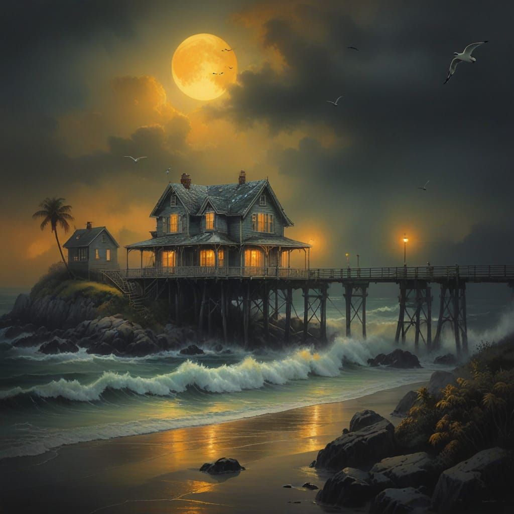 Stormy Beach House Scene in Moody Grunge Style