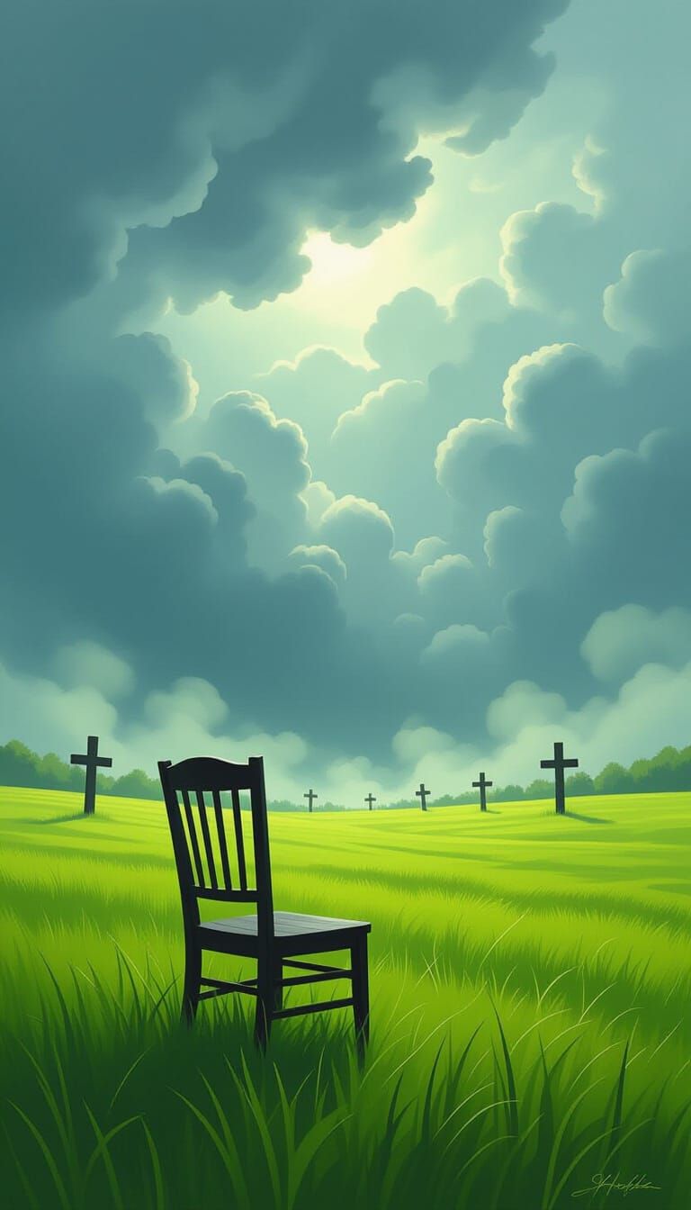Black Chair in Stormy Field with Ethereal Green Mist