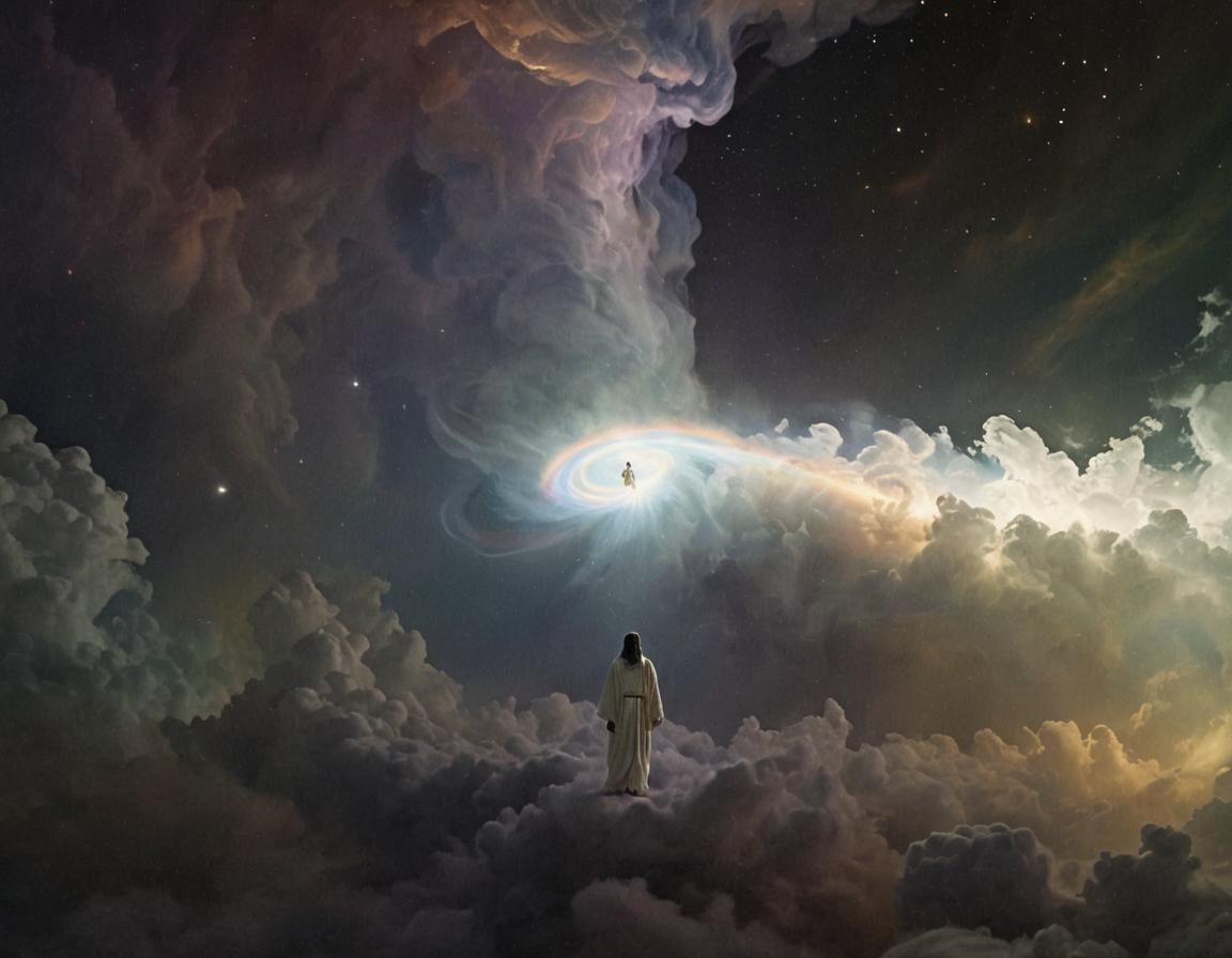 Majestic Djinn and Jesus in Vibrant, Swirling Clouds