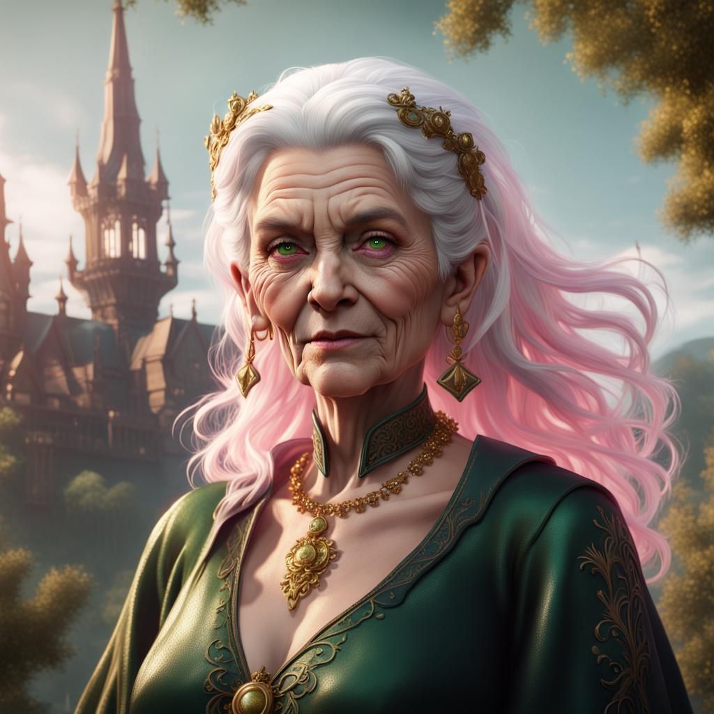 Ethereal Fantasy Witch in Vibrant Golds and Pinks