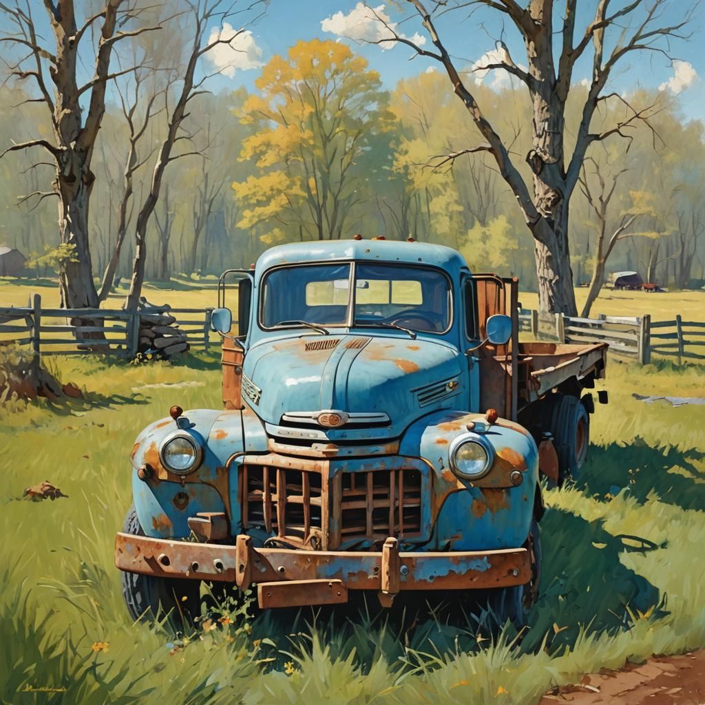 Classic Blue Farm Truck in Idyllic Countryside