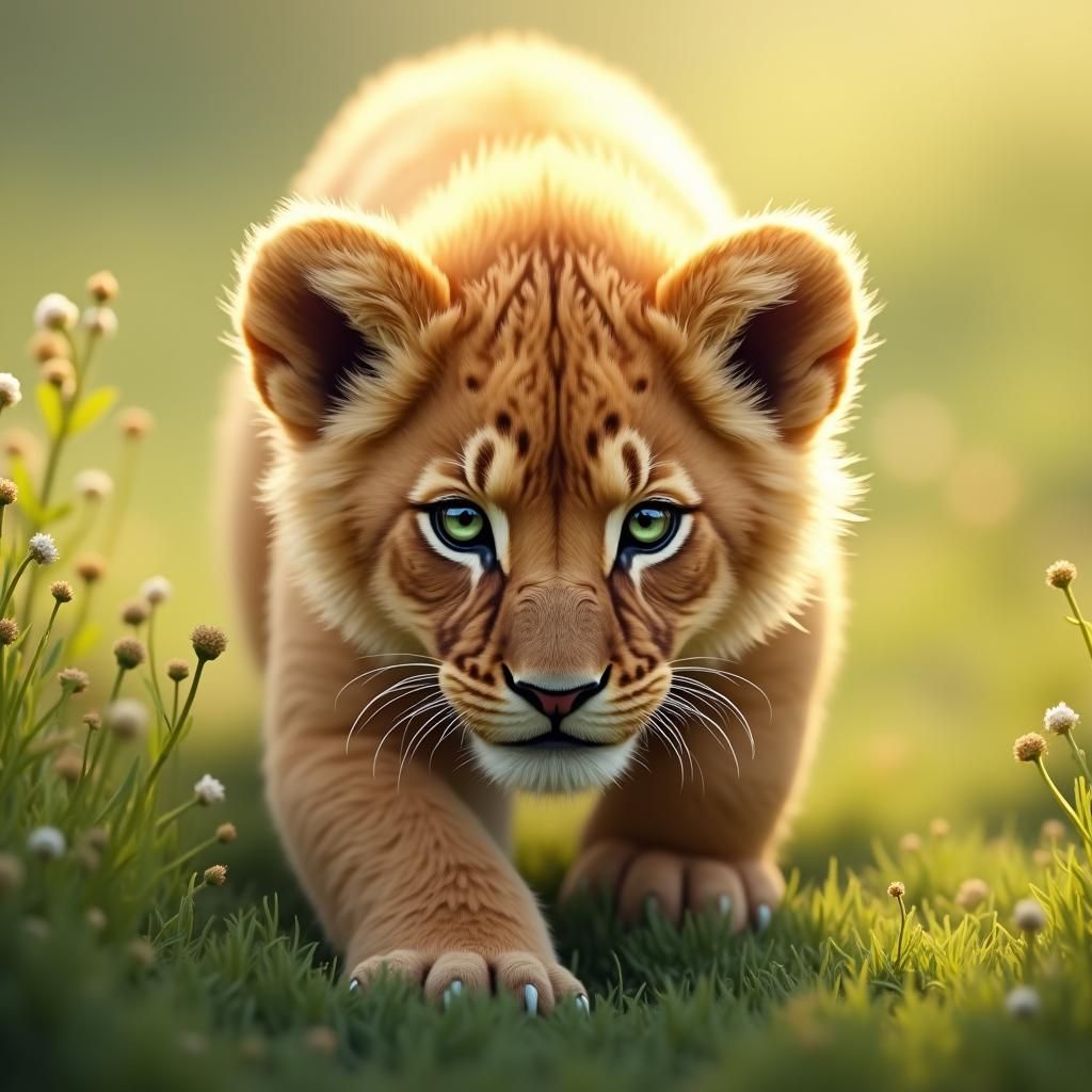 Majestic Lion Cub Portrait in Vibrant Golden Hues