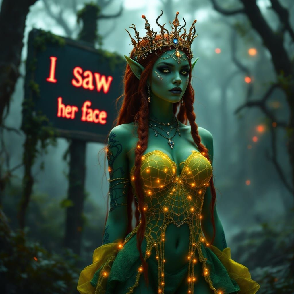 Goth Princess Fiona in Intricate Green and Yellow Regalia, D...