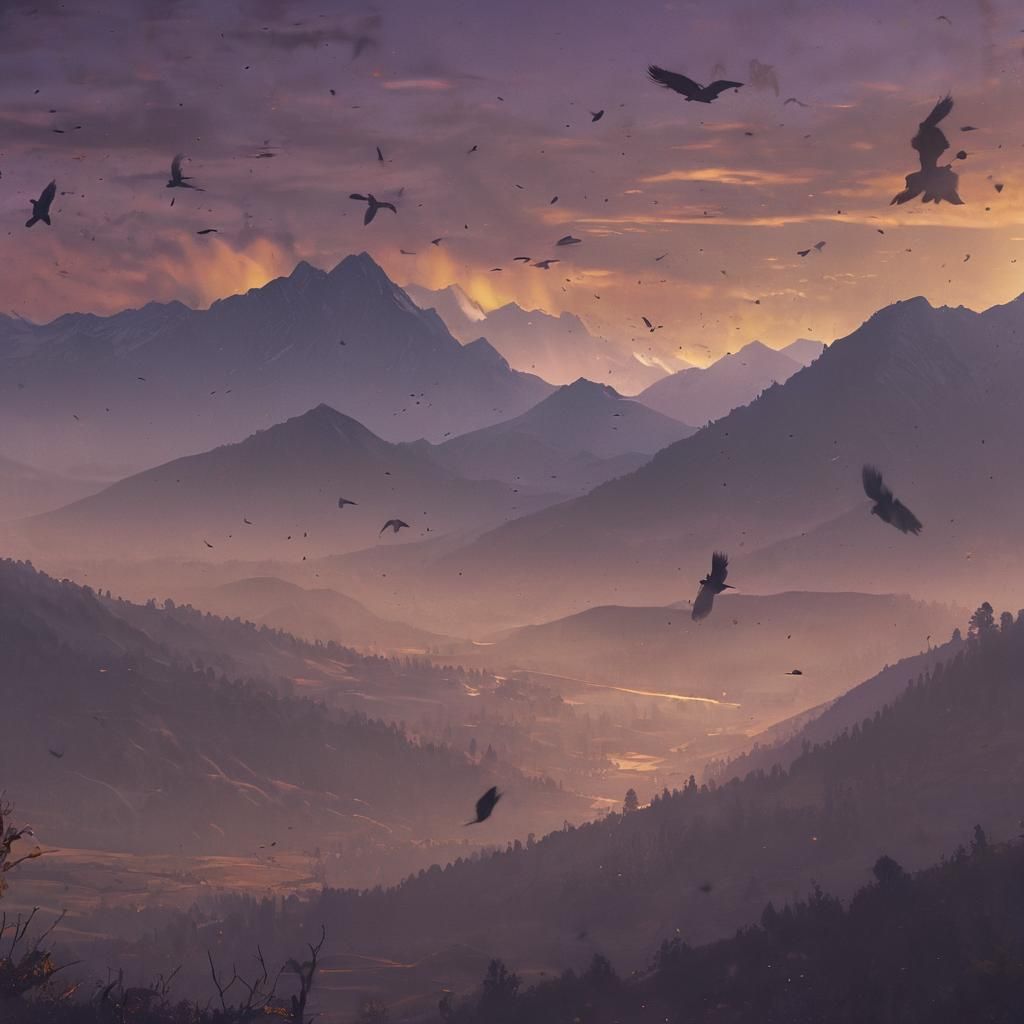 A murder of crows fly through the valley of high mountains.