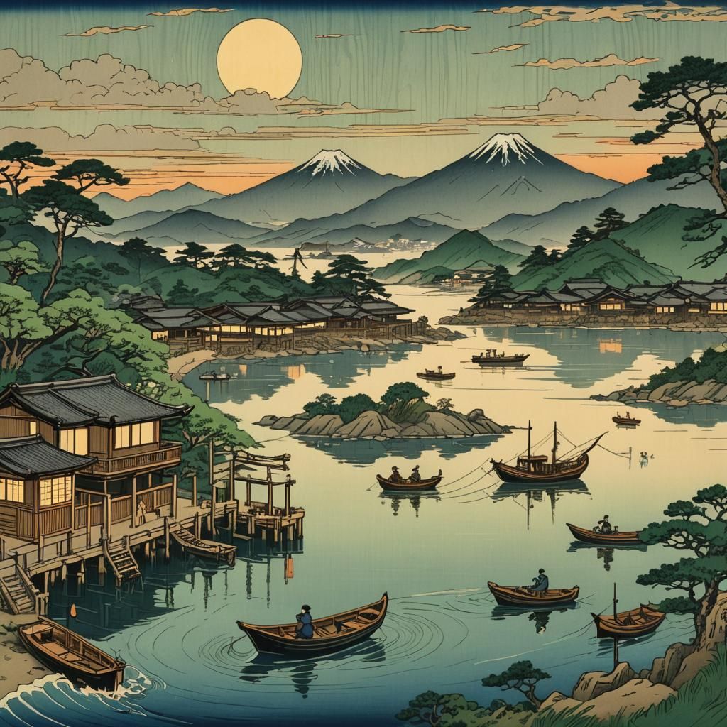 Traditional Japanese Woodblock Print of Village at Sunset