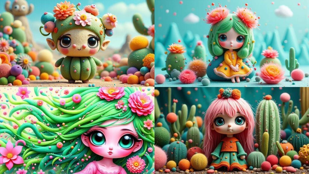 Surreal Kawaii Cactus Girl in Needlefelt Texture