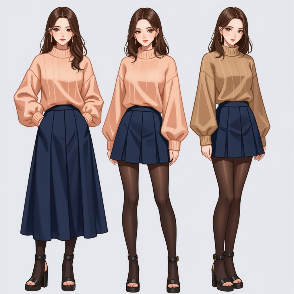 Feminine Fashion Sketch: Peach Sweater and Blue Skirt Outfit