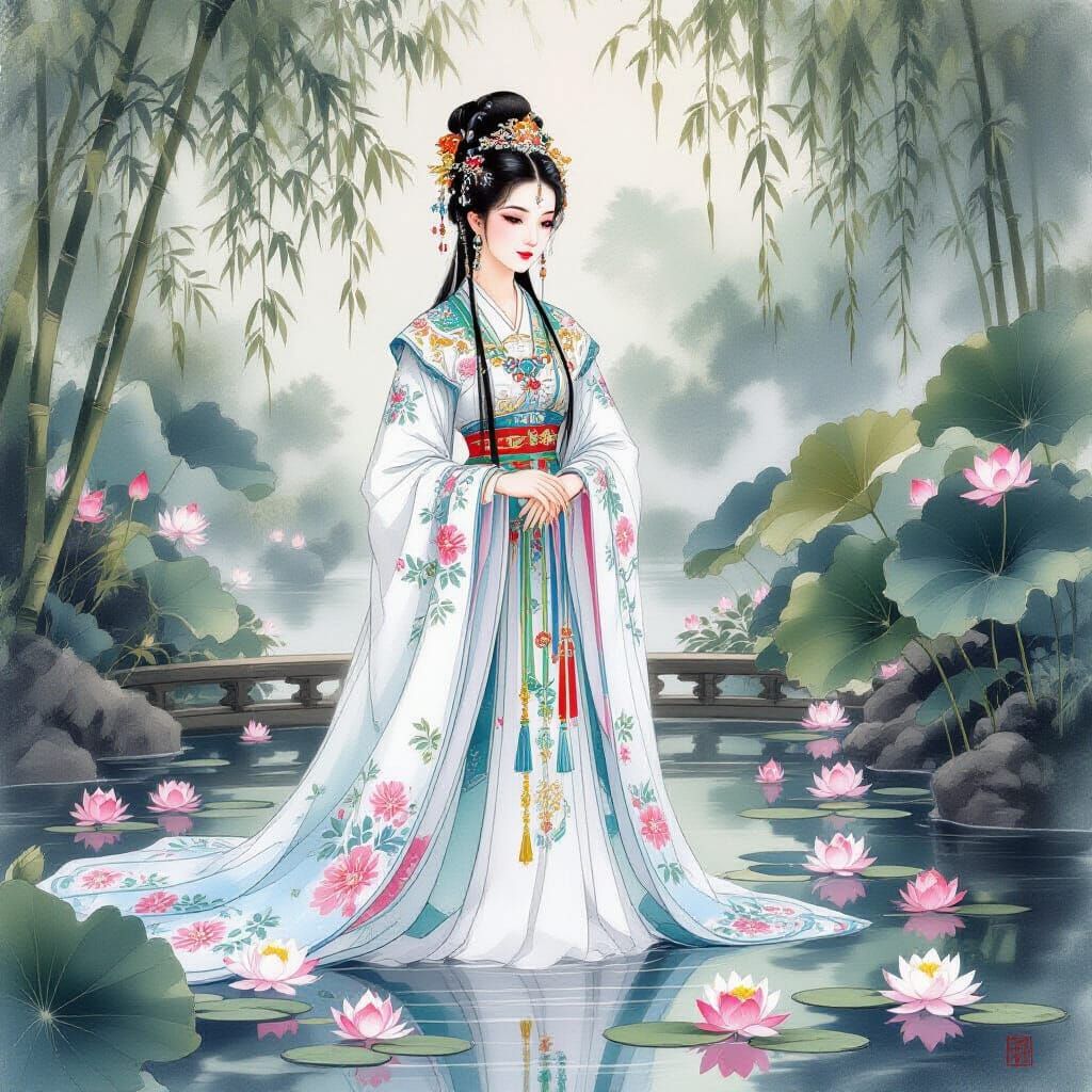 Chinese Princess in Lotus Garden, Ink Wash Style